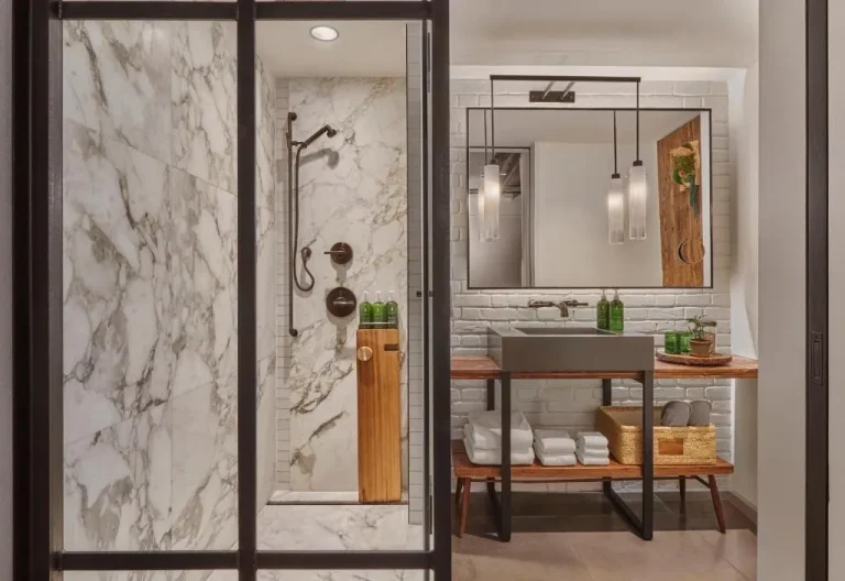 Elegant bathroom with marble at 1 Hotel Central Park