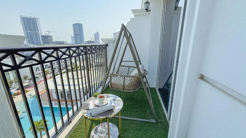 1BR Private Lagoon Resort Escape & Sunset Balcony By Green Sky Holiday Homes balcony view from inside