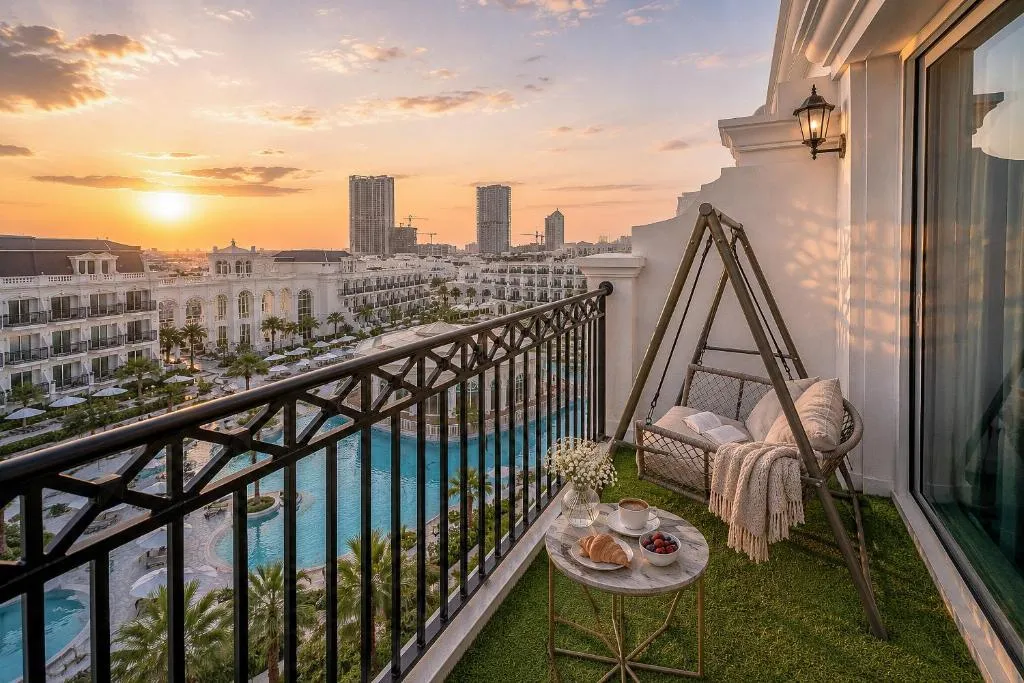 1BR Private Lagoon Resort Escape & Sunset Balcony By Green Sky Holiday Homes in Dubai with sunset view