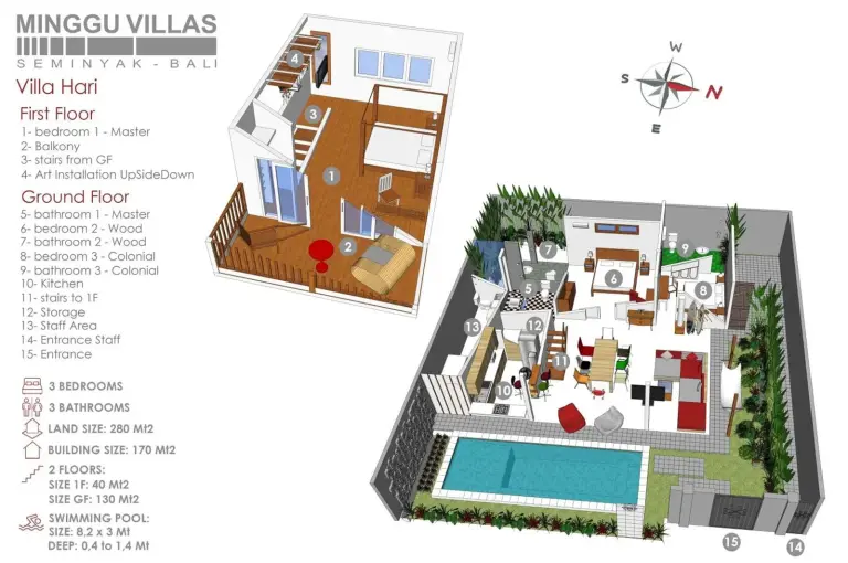Grundriss von 3BR Villa Hari im Minggu Villas Seminyak