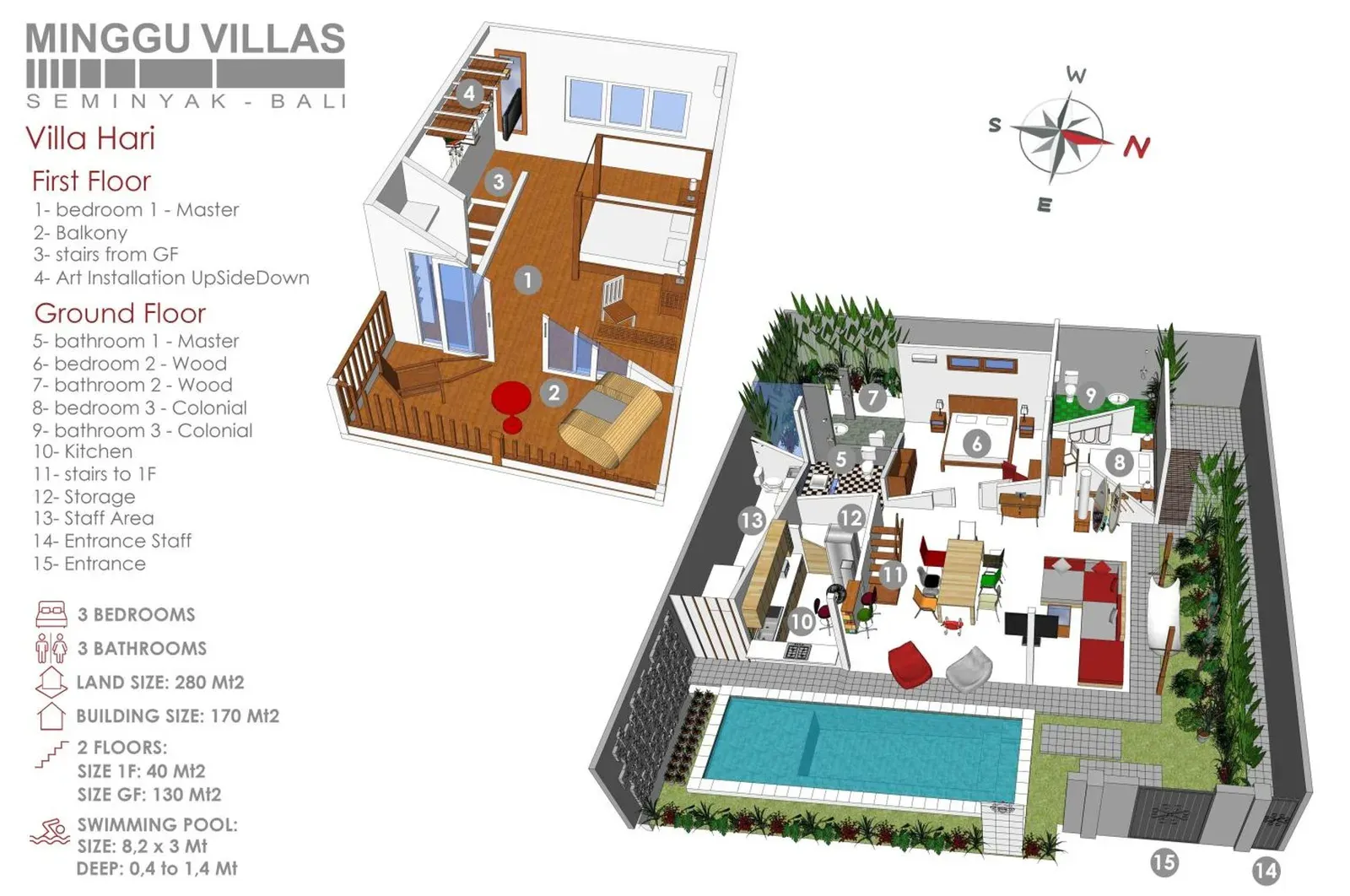 Grundriss von 3BR Villa Hari im Minggu Villas Seminyak