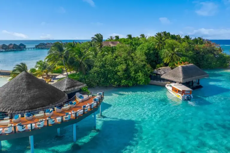 Aerial view of Adaaran Prestige Vadoo showcasing its beachfront and lush greenery