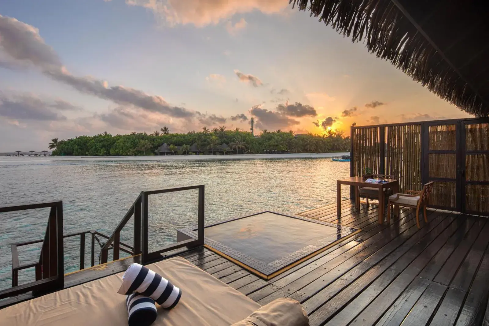 Sunset view from the deck of a villa at Adaaran Prestige Vadoo