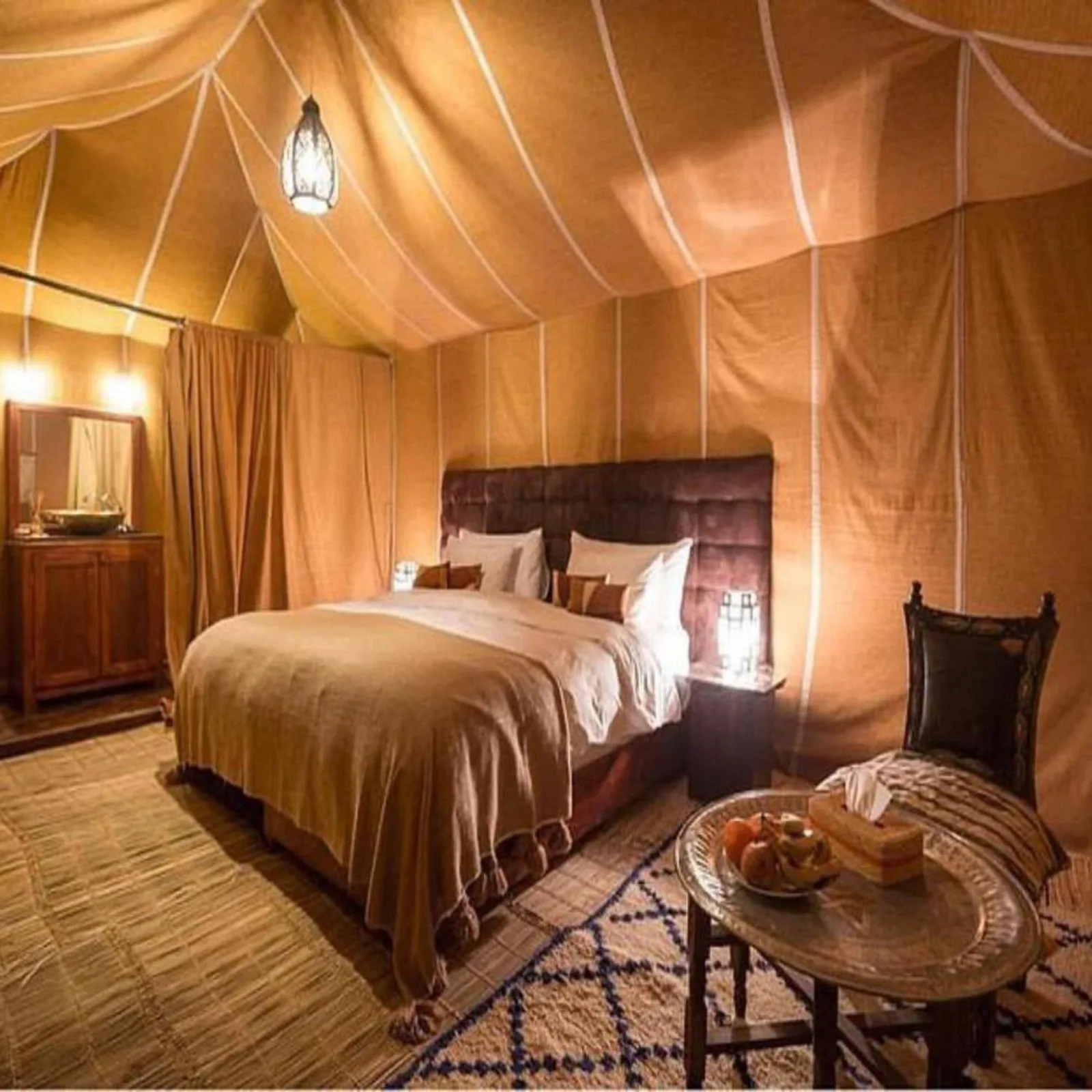 Comfortable tent interior at Africa Stars Camp in Merzouga.