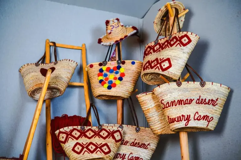 Traditional woven baskets at Aisha VIP Camp in Merzouga