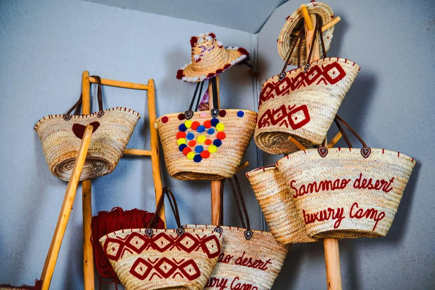 Traditional woven baskets at Aisha VIP Camp in Merzouga