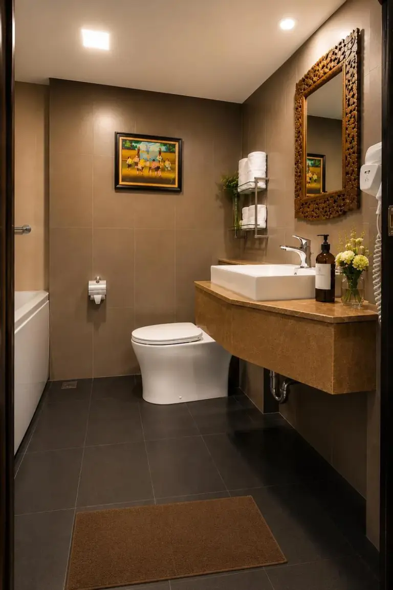 Baño moderno en Aiyara Palace Hotel Pattaya con lavabo, inodoro y espejo