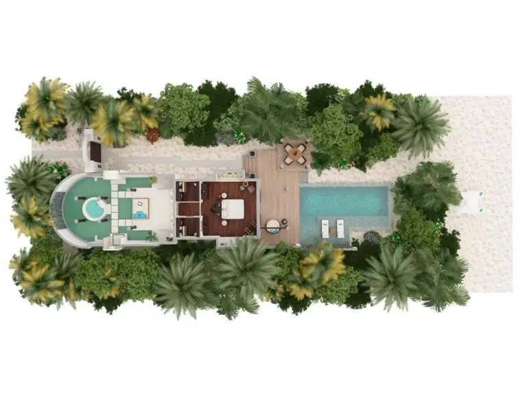 Layout of a villa at Anantara Kihavah Maldives Villas showcasing the pool and gardens.