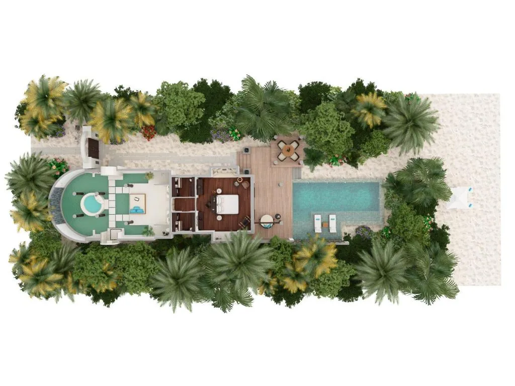Layout of a villa at Anantara Kihavah Maldives Villas showcasing the pool and gardens.