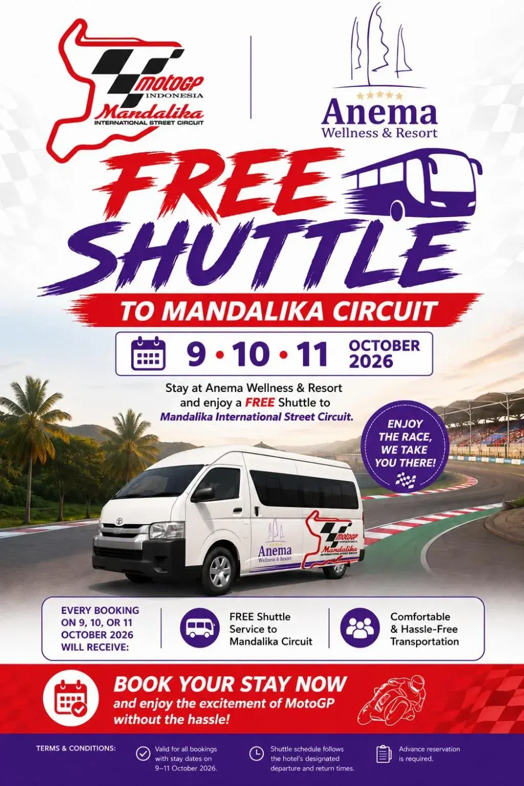Advertisement for free shuttle service at Anema Wellness Villa & Spa to Mandalika Circuit