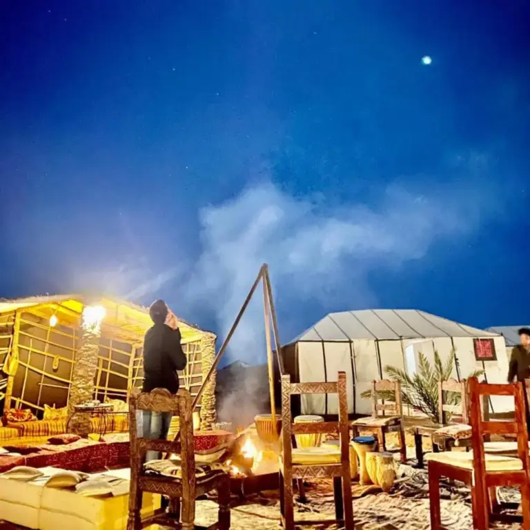 Evening campfire at Authentic Luxury Camp, Merzouga