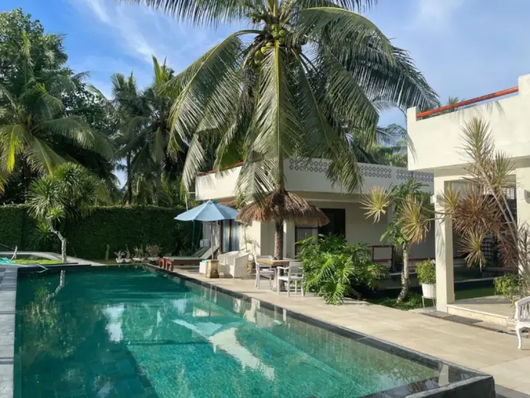 Espace piscine entouré d’une végétation luxuriante à Blue Salt Villa