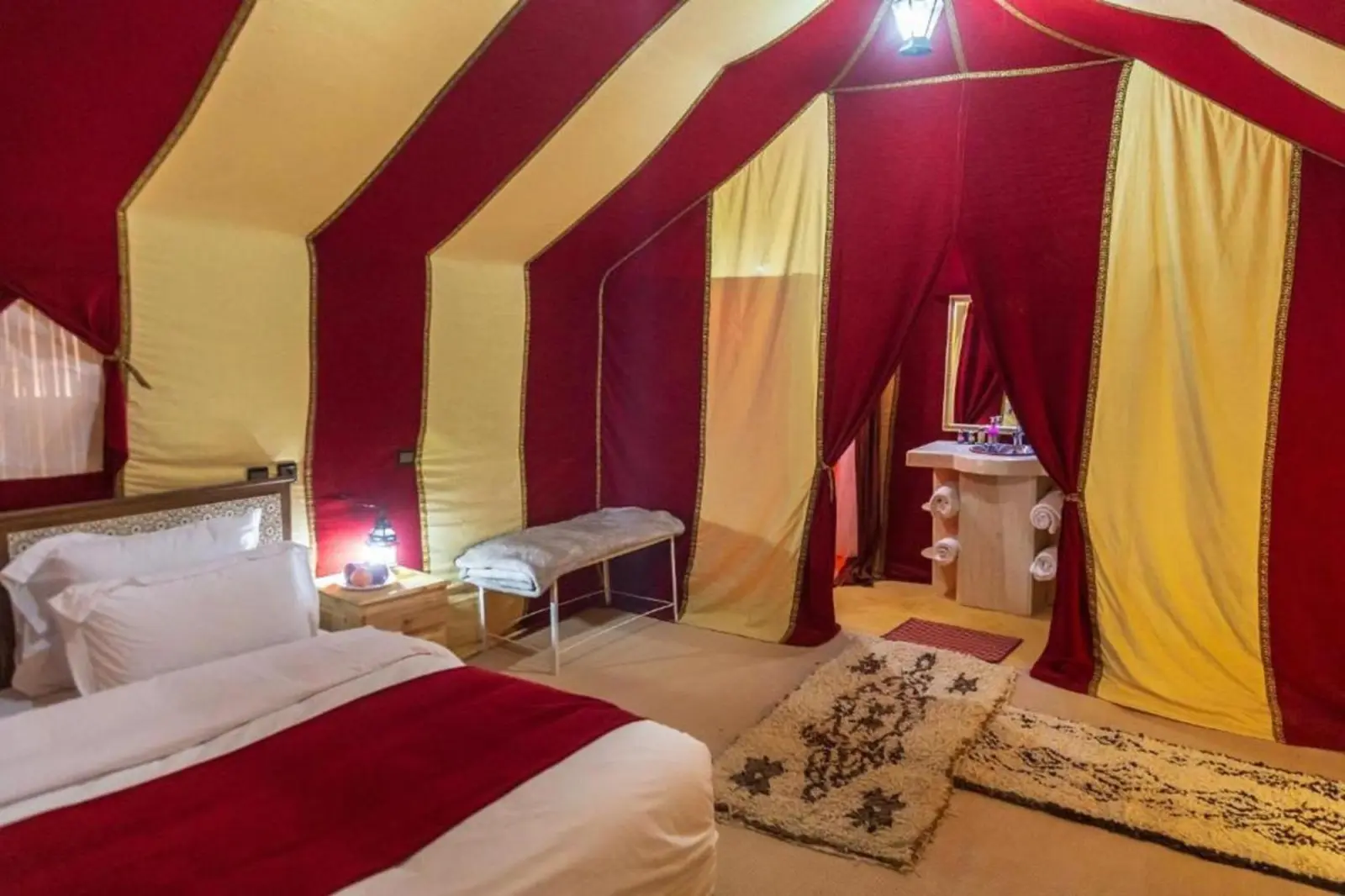 Interior layout of a tent at Camel Trekking Camp, Merzouga