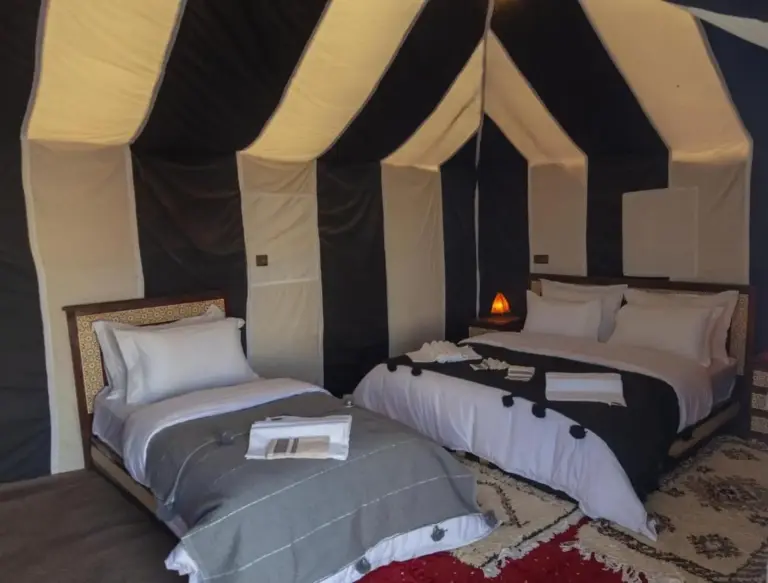 Interior of a twin tent at Camel Trekking Camp in Merzouga