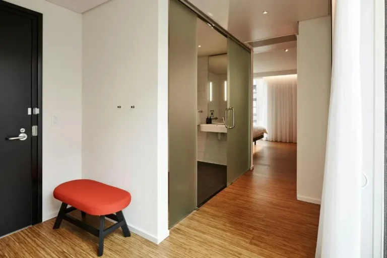 Entrance to a bathroom in a room at citizenM Los Angeles Downtown