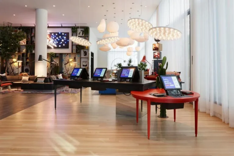 Lobby with computers at citizenM Los Angeles Downtown