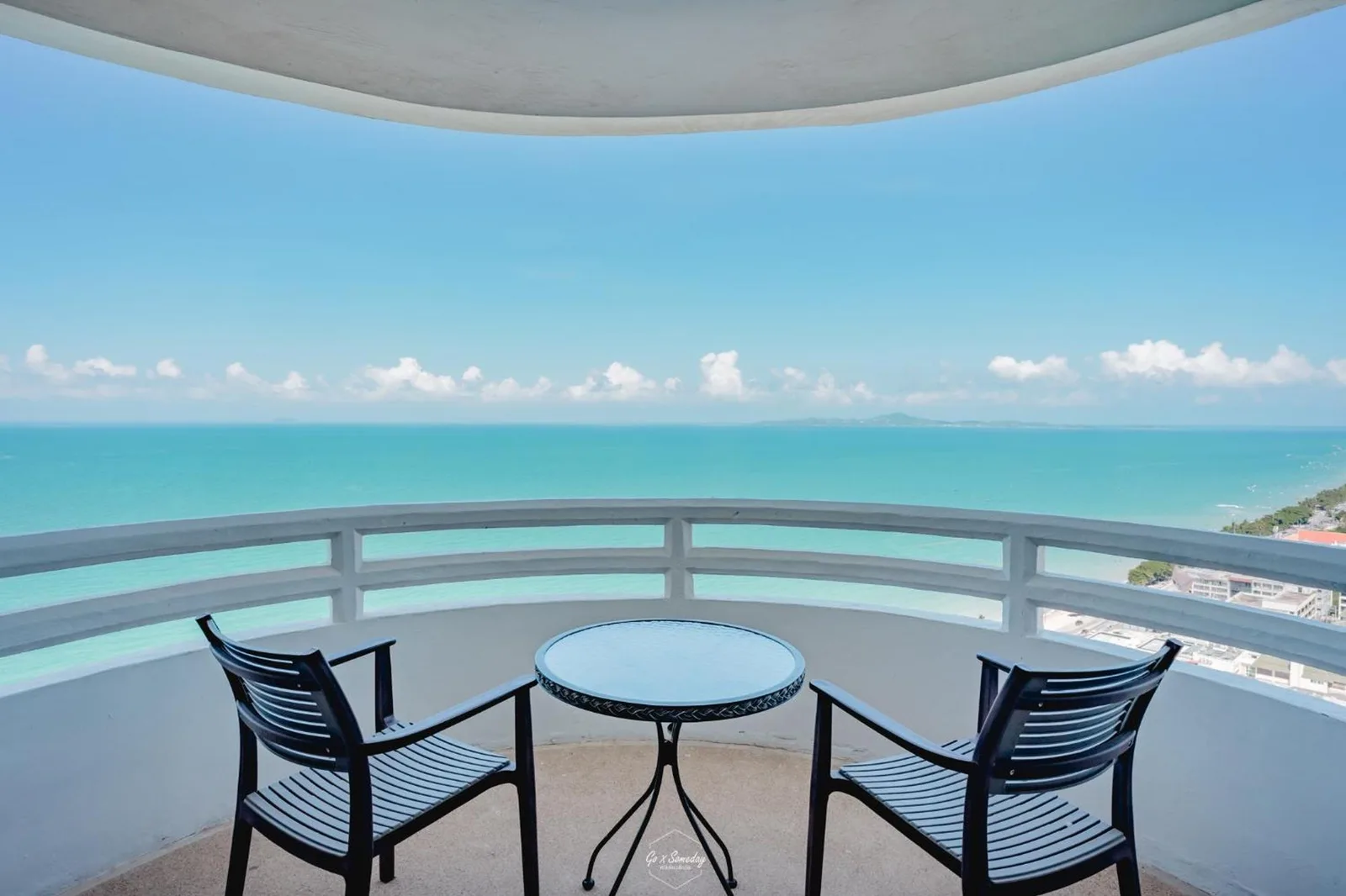 Balcony seating with panoramic sea view at D Varee Jomtien Beach, Pattaya.