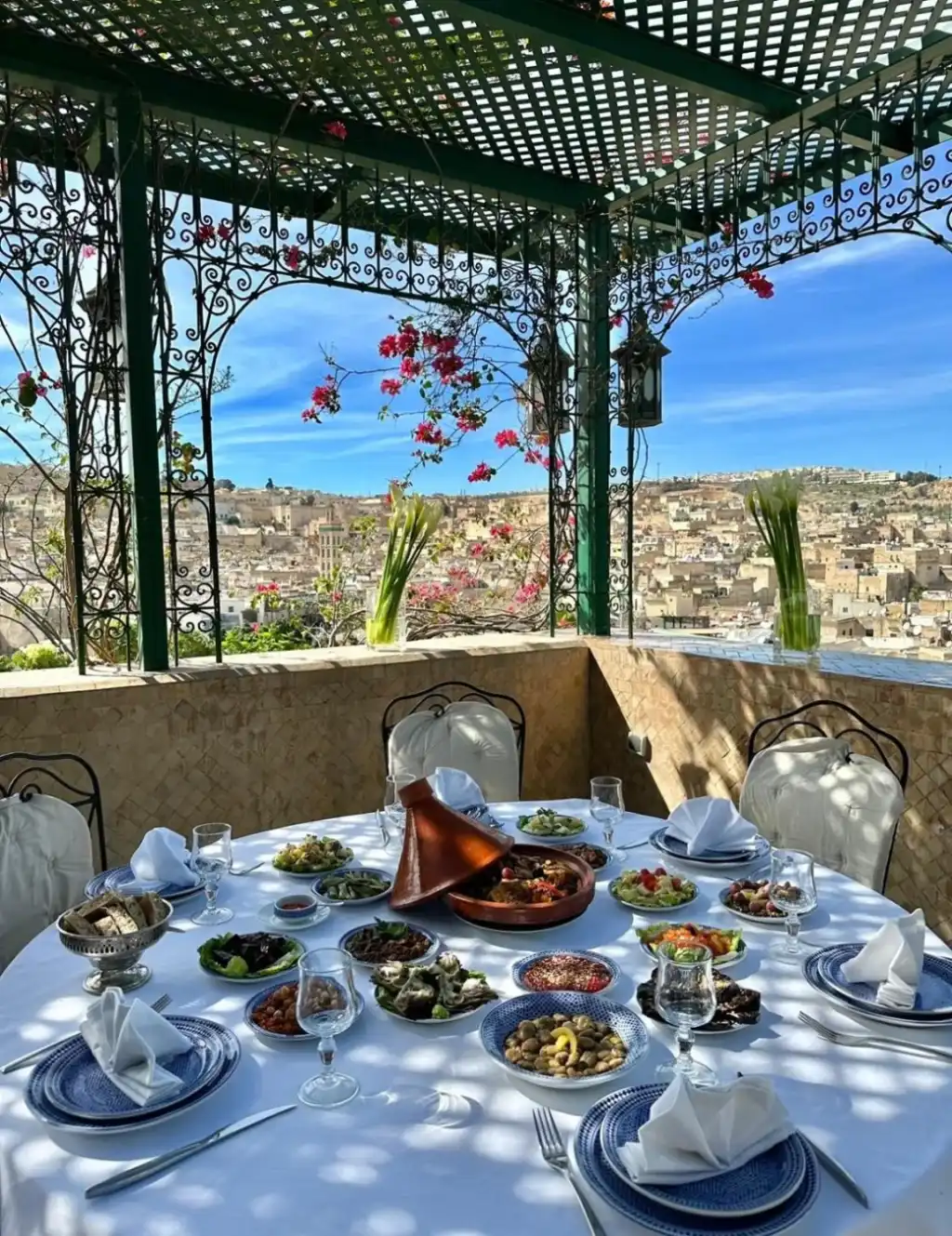 Dining setup at Dar Tazi with a view in Fes