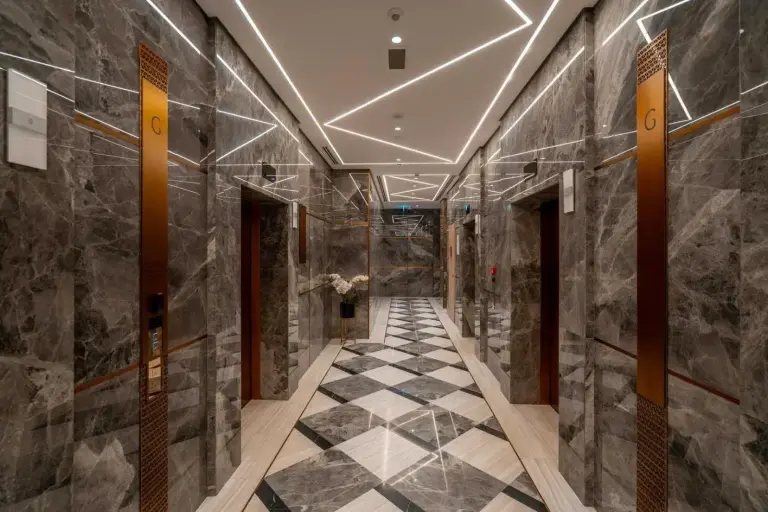 Modern elevator hall at Stella Maris Retreat, Dubai