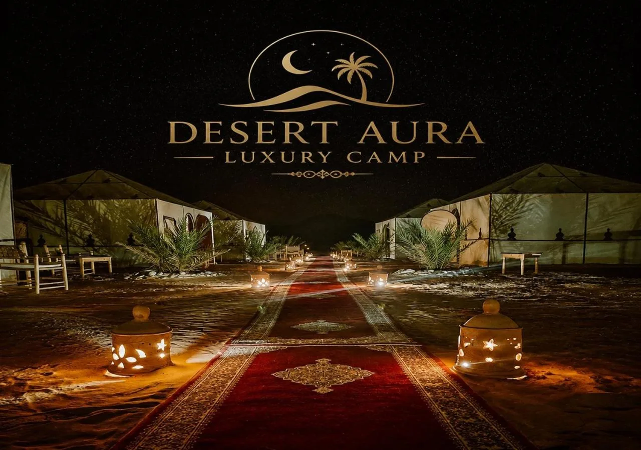 Desert Aura Luxury Camp in Merzouga exterior entrance at night with a lit red carpet walkway and desert tents
