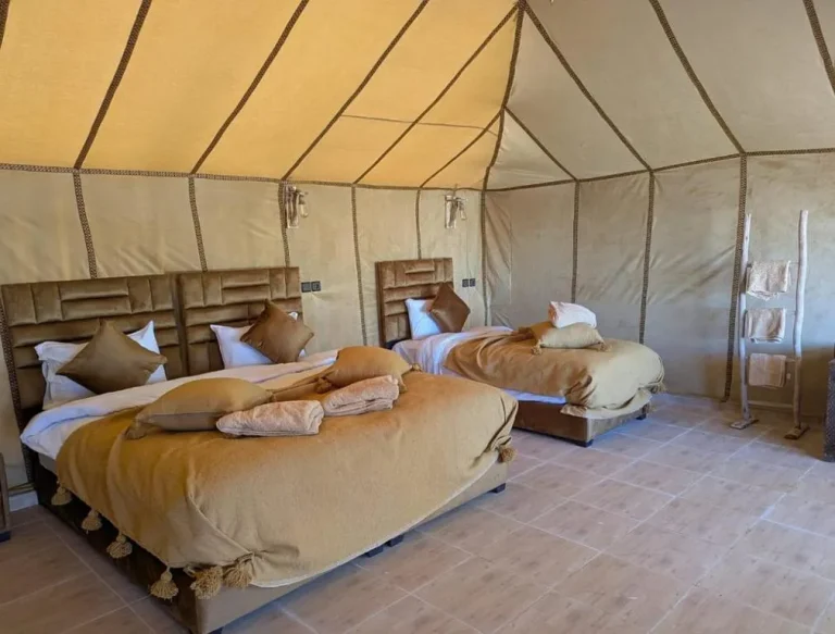 Twin beds in guest room at Desert Nights Camp