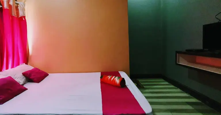 Una colorida habitación de huéspedes en Devtara Himalayan Hotel en Lumbini con cama, estante para TV y cortinas