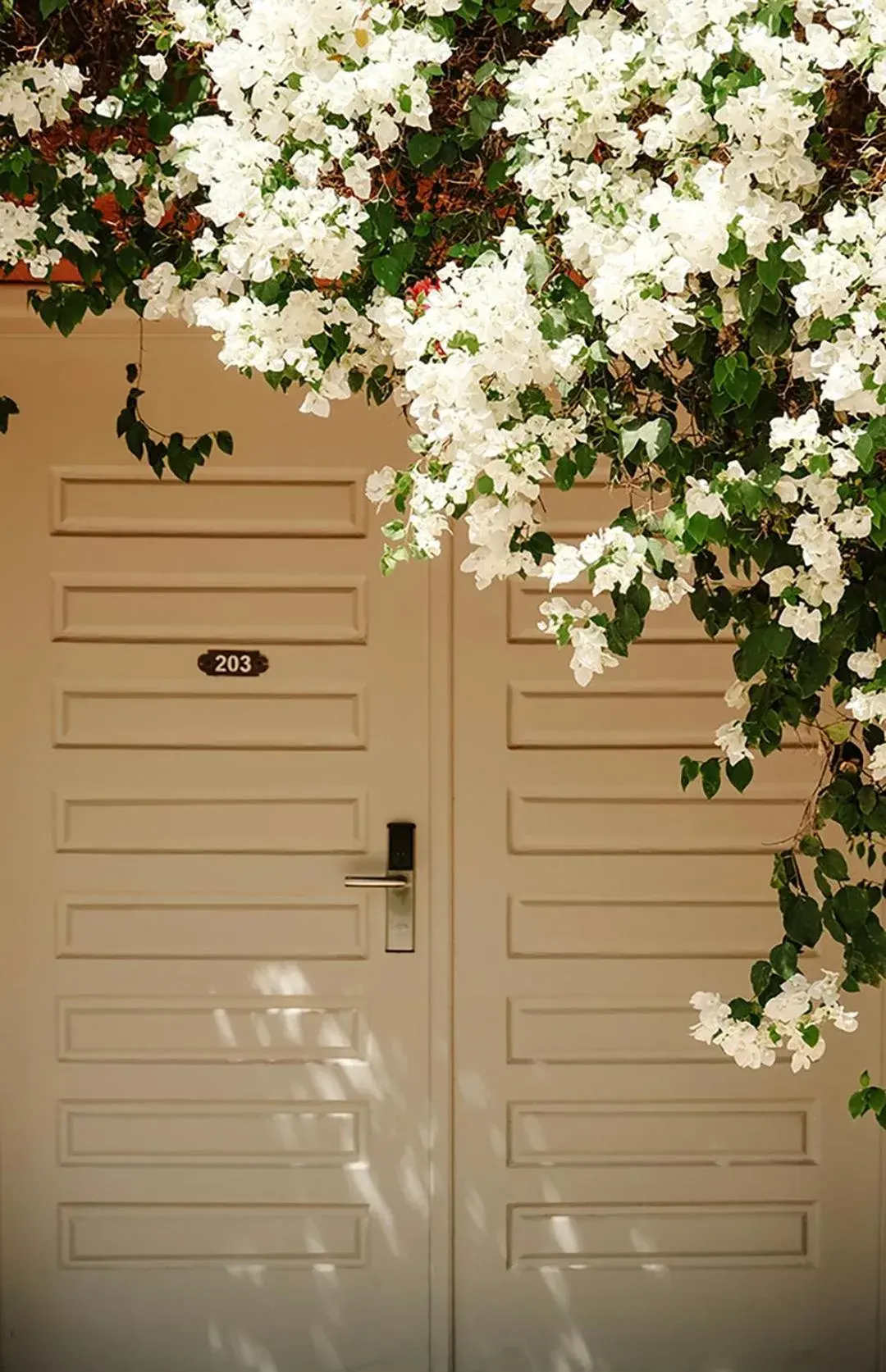 Puerta de Domaine Des Remparts Hotel & Spa con plantas en flor
