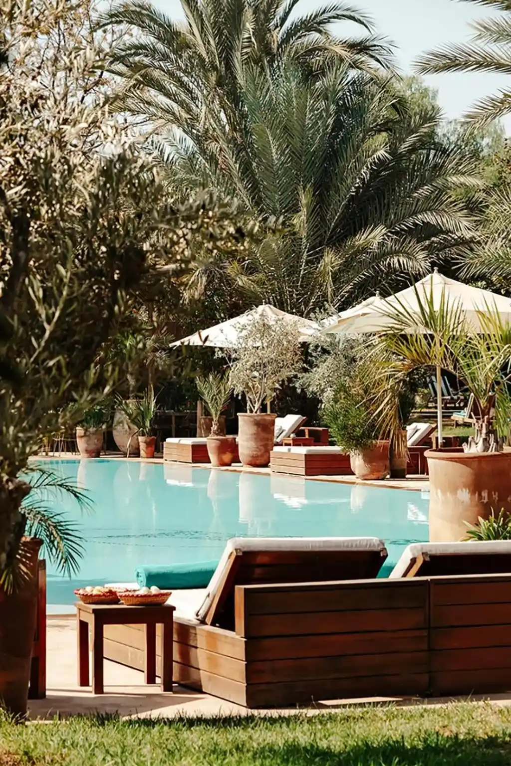 Piscina de Domaine Des Remparts Hotel & Spa rodeada de palmeras