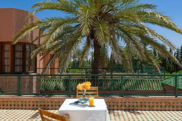 Terrace view at Domaine Rosaroum with palm trees