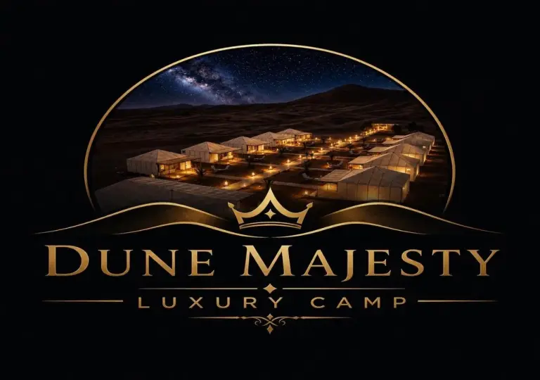 Dune Majesty Luxury Camp Merzouga hotel logo with desert camp at night