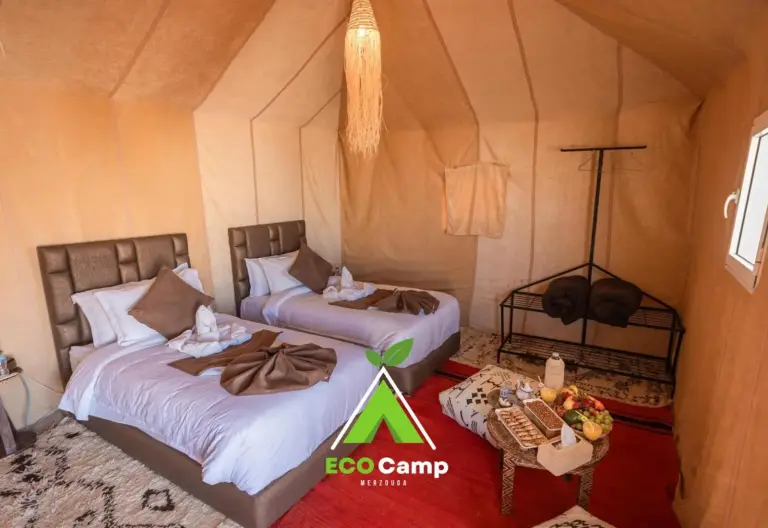 Eco Desert Camp family suite with two beds and amenities.