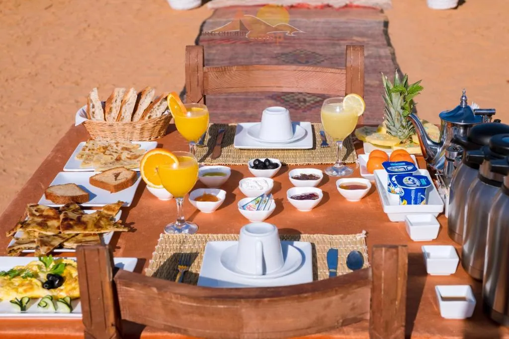 Outdoor breakfast setup at Erg Chebbi Camp