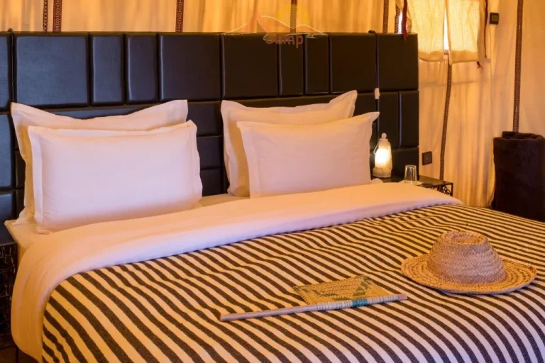 Detail of a bed in a tent at Erg Chebbi Camp