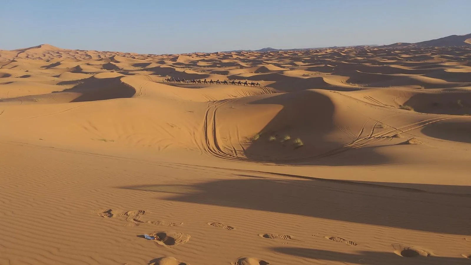 Panoramic desert dunes near Erg Chebbi Luxury Camp in Merzouga, Morocco