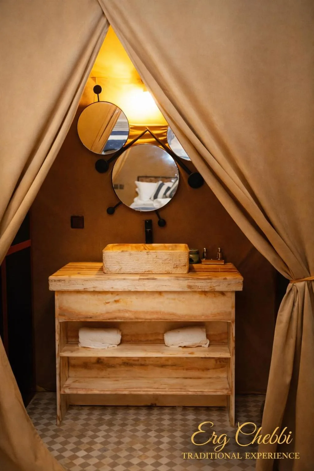 Erg Chebbi Traditional Experience & Activities in Merzouga bathroom vanity with rustic sink and mirrors