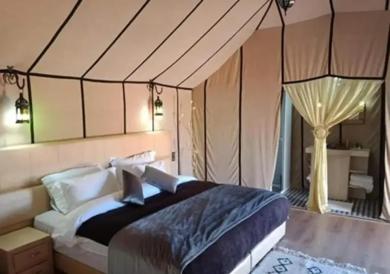 Erg Chebbi Traditional Experience & Activities in Merzouga double bed tent room with ensuite bathroom access