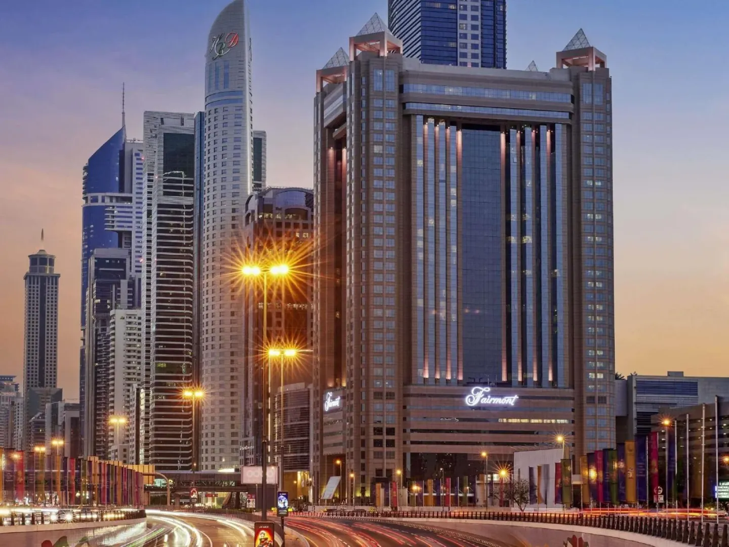 Exterior view of Fairmont Dubai, showcasing Dubai's skyline