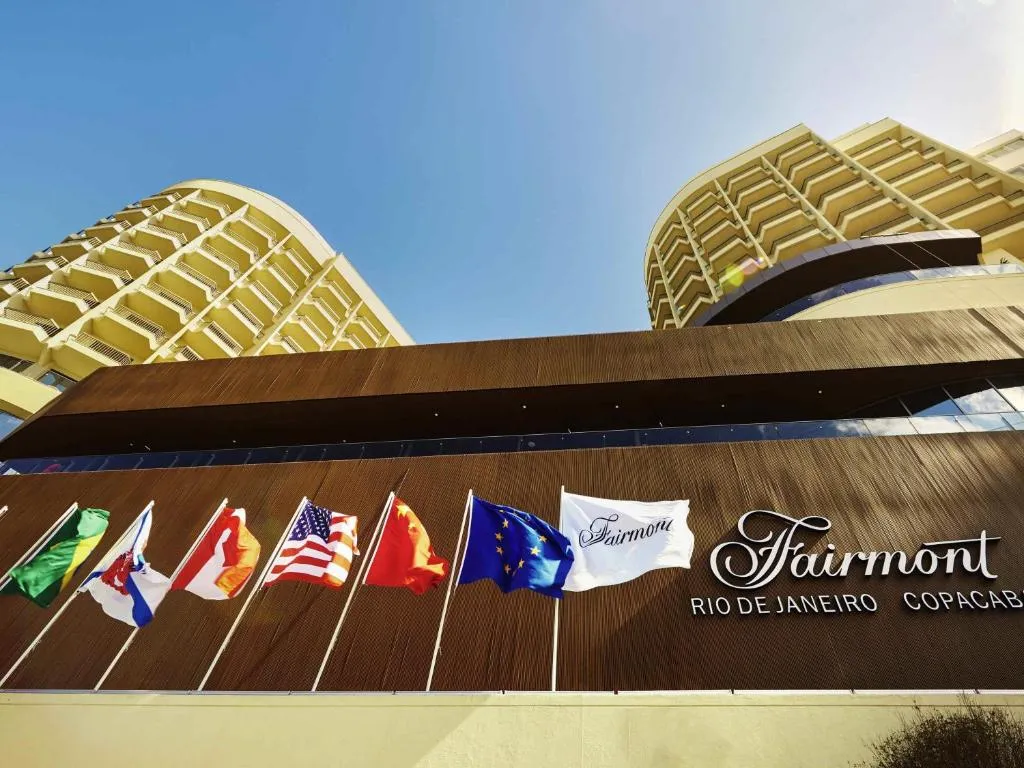 Exterior of Fairmont Rio de Janeiro Copacabana with flags