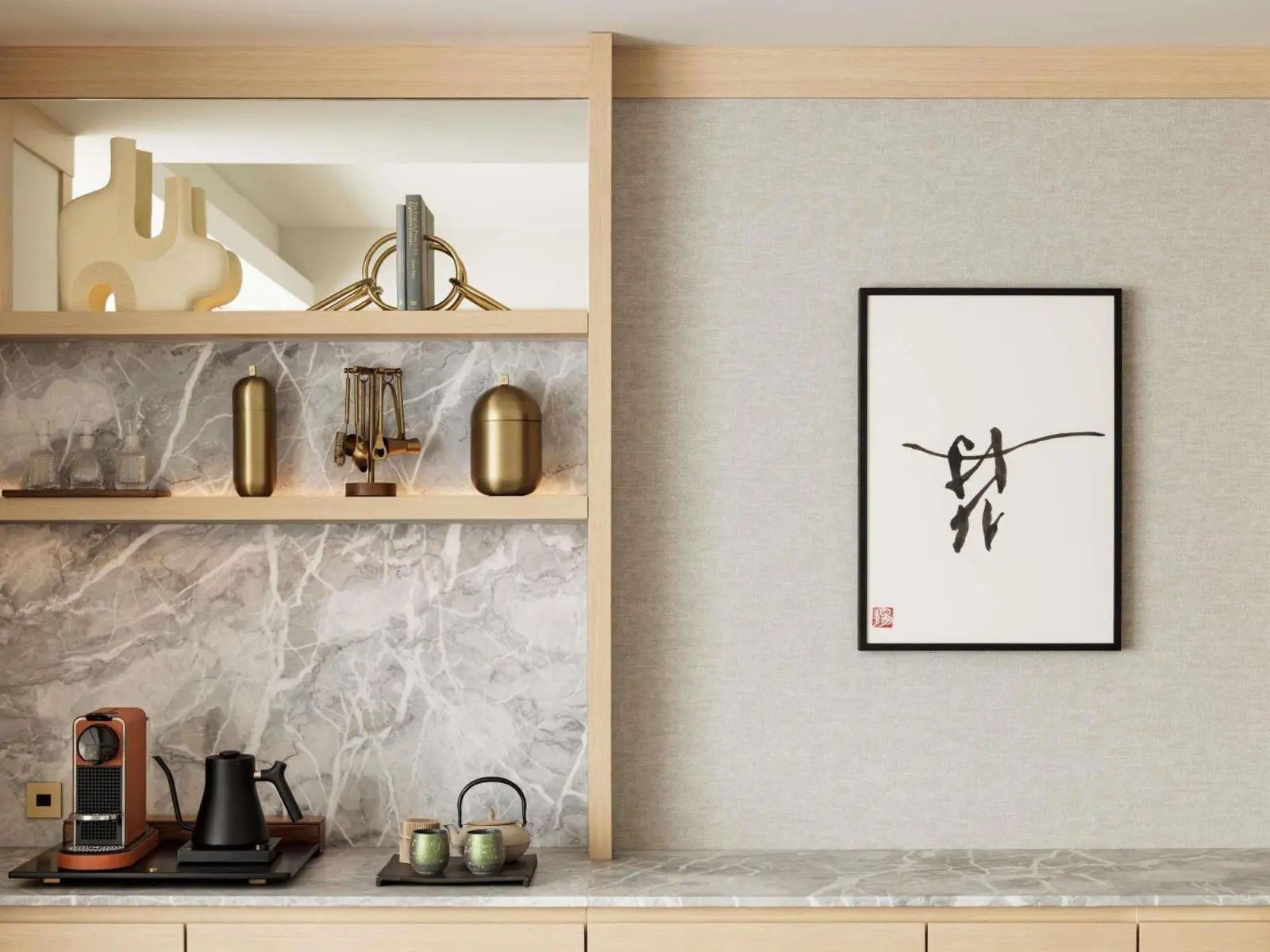 Decorative shelf with artwork at Fairmont Tokyo