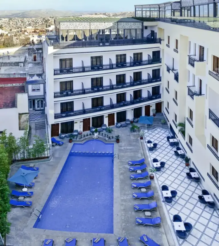 Aerial view of Fes Heritage Boutique Hotel and pool area