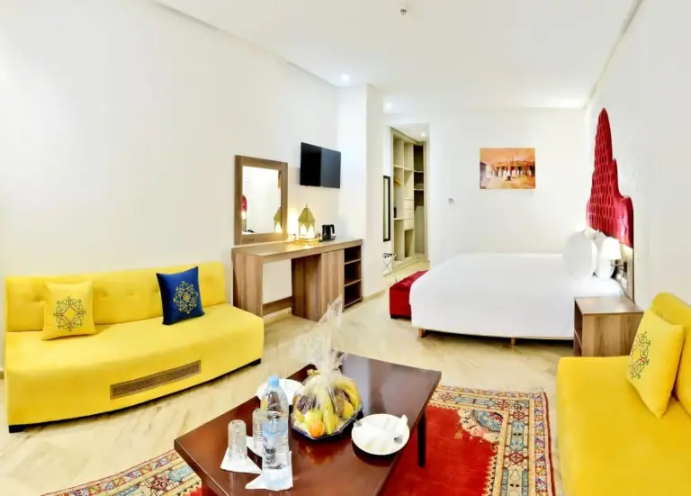 Fes Heritage Boutique Hotel deluxe room with yellow decor