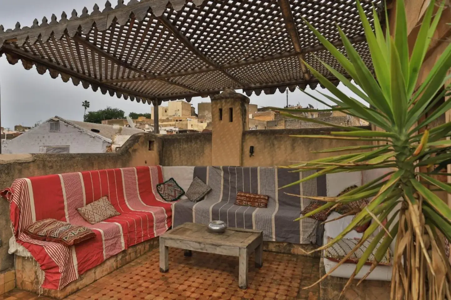 Rooftop lounge area at Fez Valley Luxury Camp