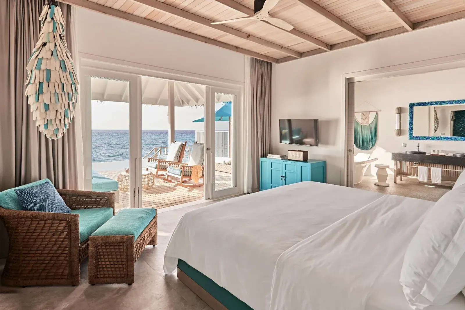 Cozy bedroom at Finolhu, A Seaside Collection Resort.