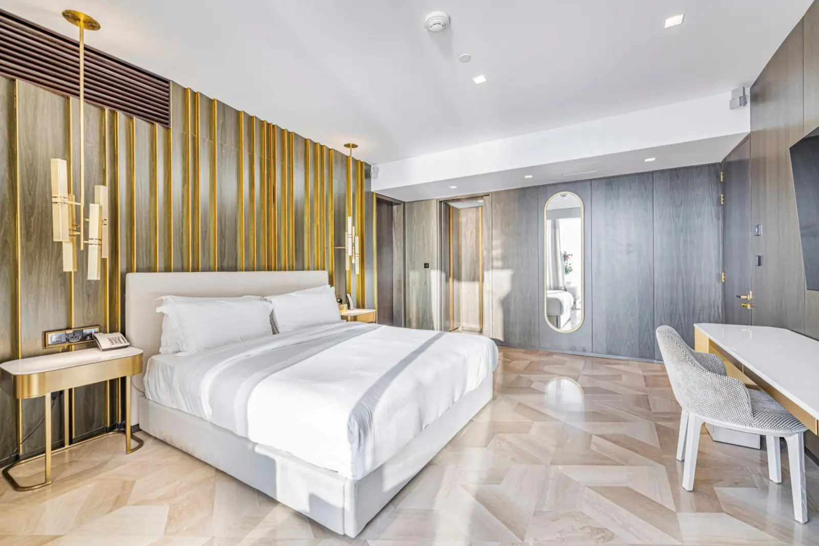 Interior of the stylish bedroom at FIVE Palm Jumeirah in Dubai