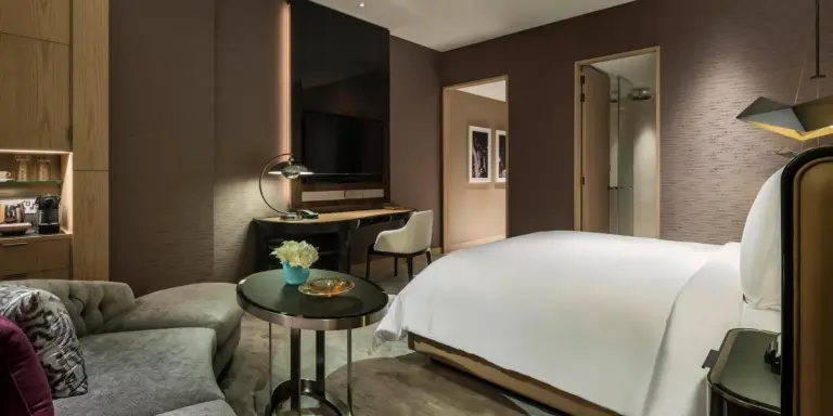 A luxurious guest room at the Four Seasons Hotel Dubai International Financial Centre.