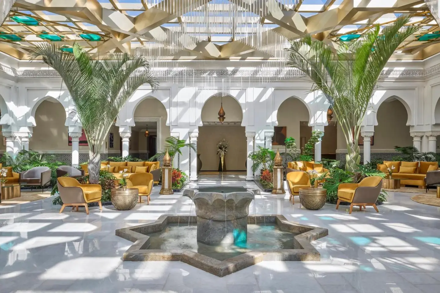 Four Seasons Hotel Rabat at Kasr Al Bahr lobby with modern decor and fountain