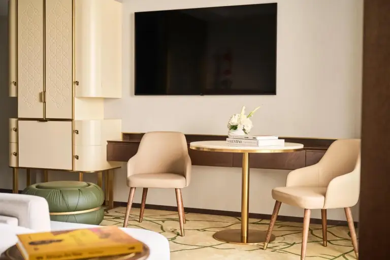 Stylish room interior at Four Seasons Hotel Rabat featuring a television and seating area