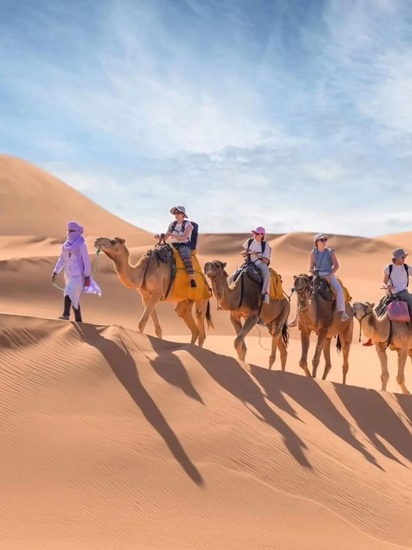 Randonnée à dos de chameau dans le désert de Merzouga à Glamping Under Stars à Merzouga, avec des clients traversant les dunes de sable doré.