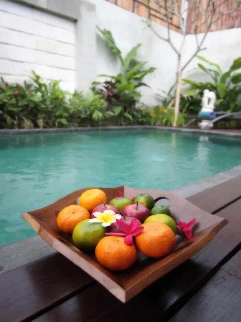 Fresh tropical fruit served by the pool at Grania Bali Villas in Seminyak, Bali.