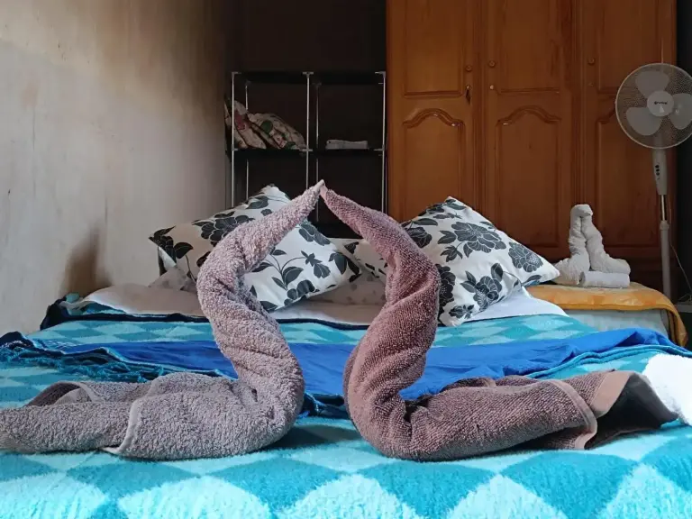 Zweibettzimmer im Guest House Nomad Life in Merzouga mit dekorierten Betten, Kleiderschrank und Standventilator.